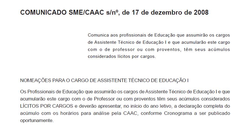 COMUNICADO SME CAAC DE 17 12 2008 ASSISTENTE TÉCNICO DE EDUCAÇÃO I