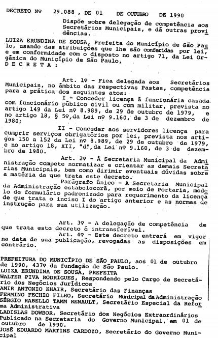 DECRETO 29088 1990 DELEGAÇÃO DE COMPETÊNCIA AOS SECRETÁRIOS MUNICIPAIS