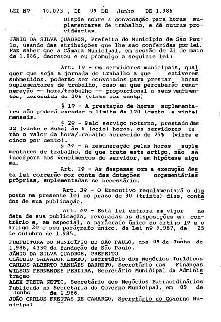 LEI 10073 1986 CONVOCAÇÃO PARA HORAS SUPLEMENTARES DE TRABALBO